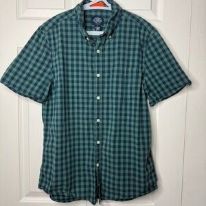 St Johns Bay Mens Gingham No Tuck Shirt Green Blue Short Sleeve Comfort Flex M